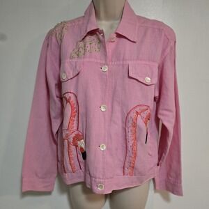 Casey Coleman Size Medium Pink Flamingo Linen Blend Embellished Jacket w/ Pocket